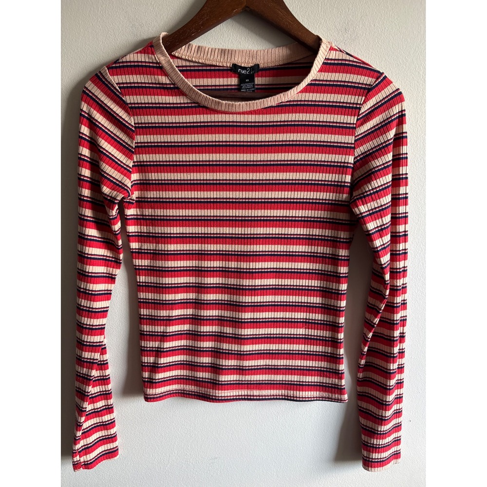 Rue21 XS Striped Ribbed Long Sleeve Top Y2K Inspired Red Cream Navy
